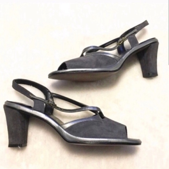🆕 Hush Puppies suede leather open toe slingback block heels size 10 silver - Picture 5 of 8